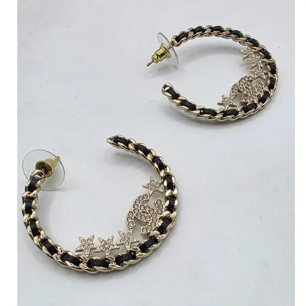 Chanel Gold-tone 2023 Strass Leather Interlocking CC Hoop Earrings